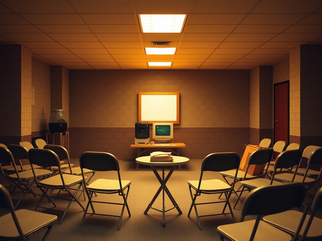 A folding chair circle in a church basement illuminated by the glow of a CRT monitor displaying a Netscape 4.0 browser window