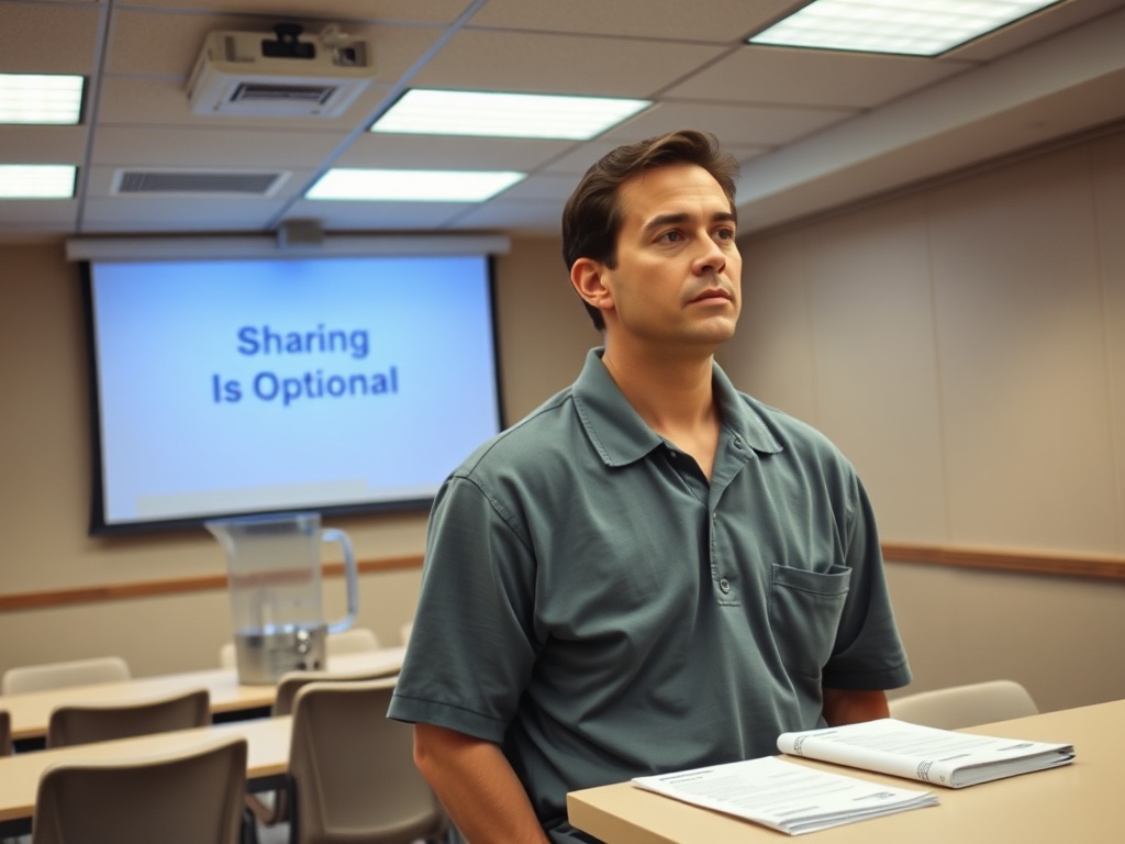A support group meeting in a beige conference room. A printed slide on a projector reads 'Sharing Is Optional.' A man in a polo shirt stares into the middle distance. The water pitcher is empty.