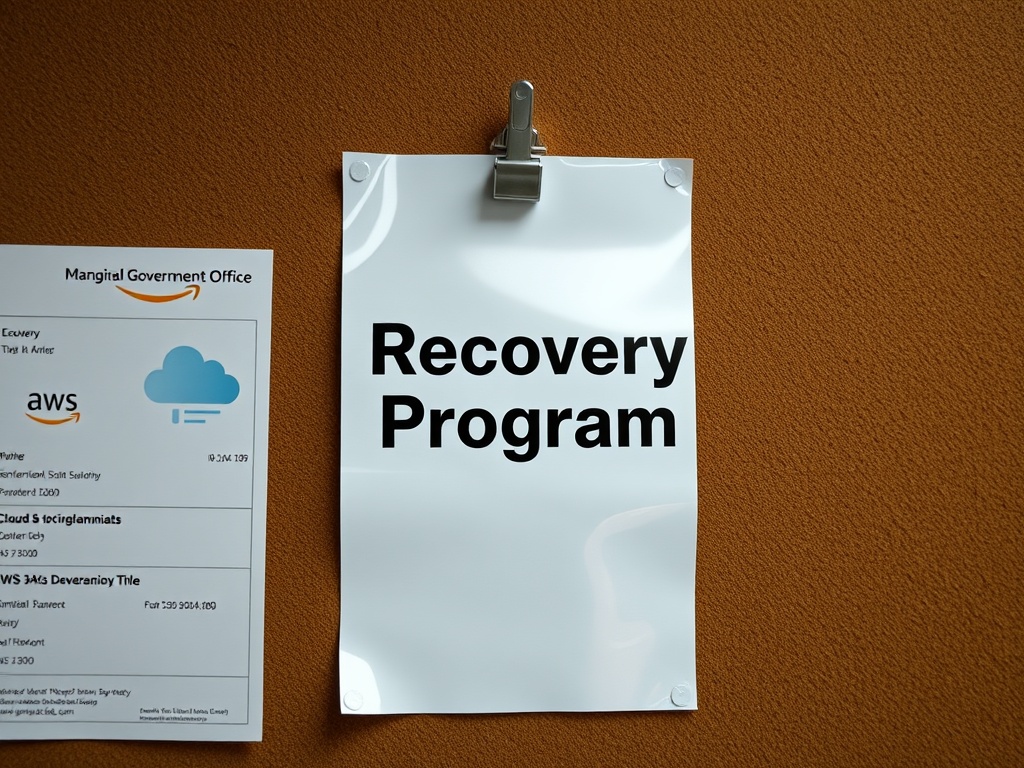 A laminated sheet titled 'Recovery Program' pinned to a corkboard next to a printout of an AWS bill. The font is Comic Sans. The border is clip art of hands shaking.