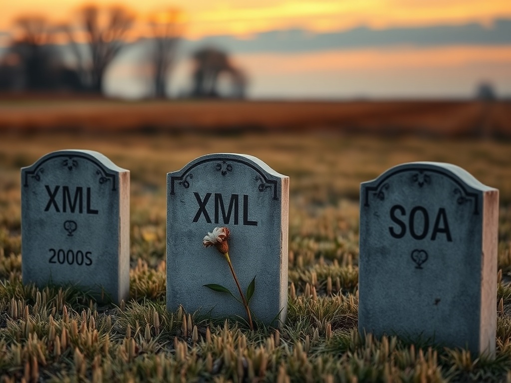 A row of small grey concrete tombstones in a quiet field at dusk, engraved with technology logos from the 2000s: XML, SOAP, SOA.